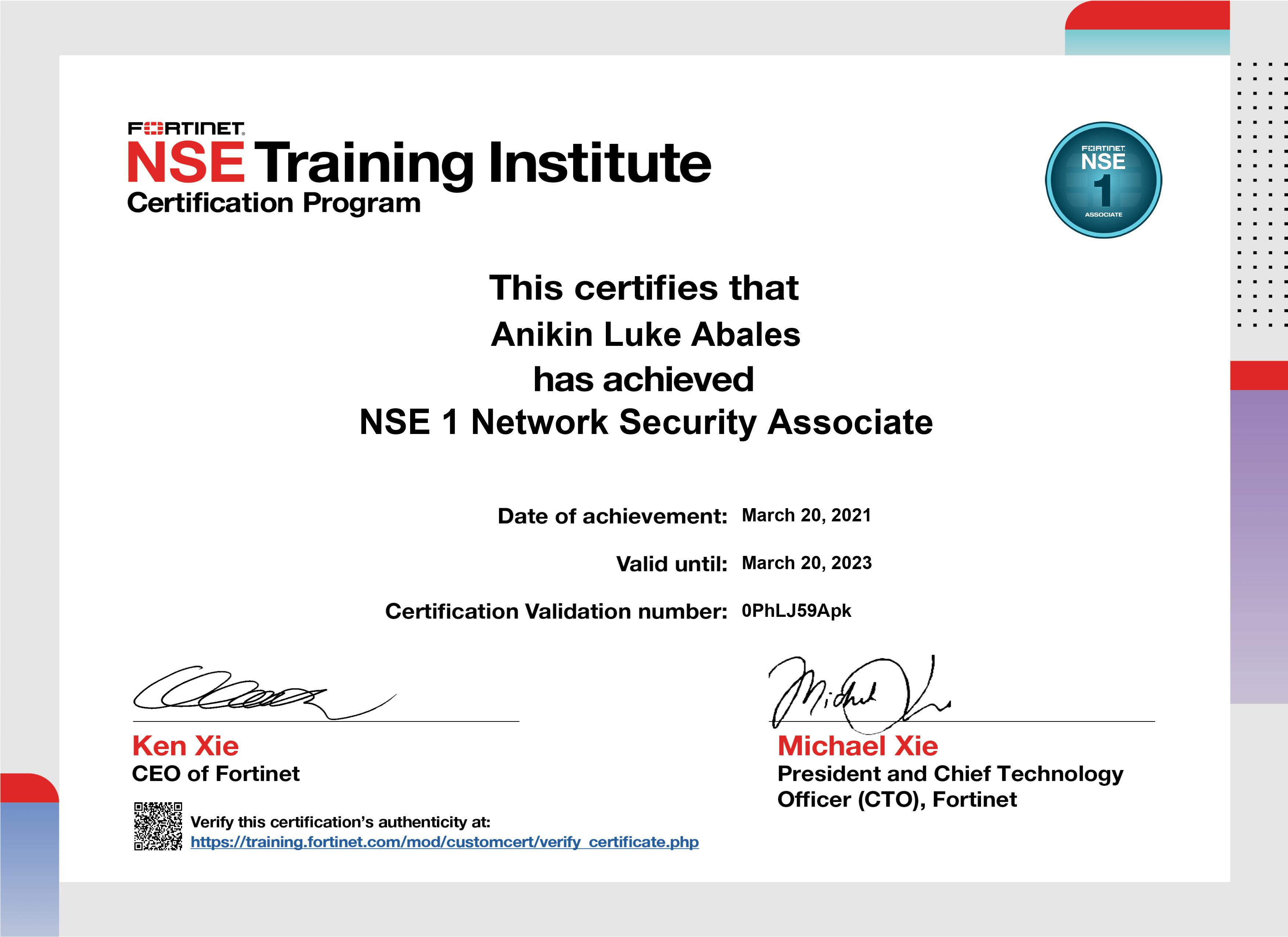 Anikin Luke Abales NSE 1 Network Security Associate certificate