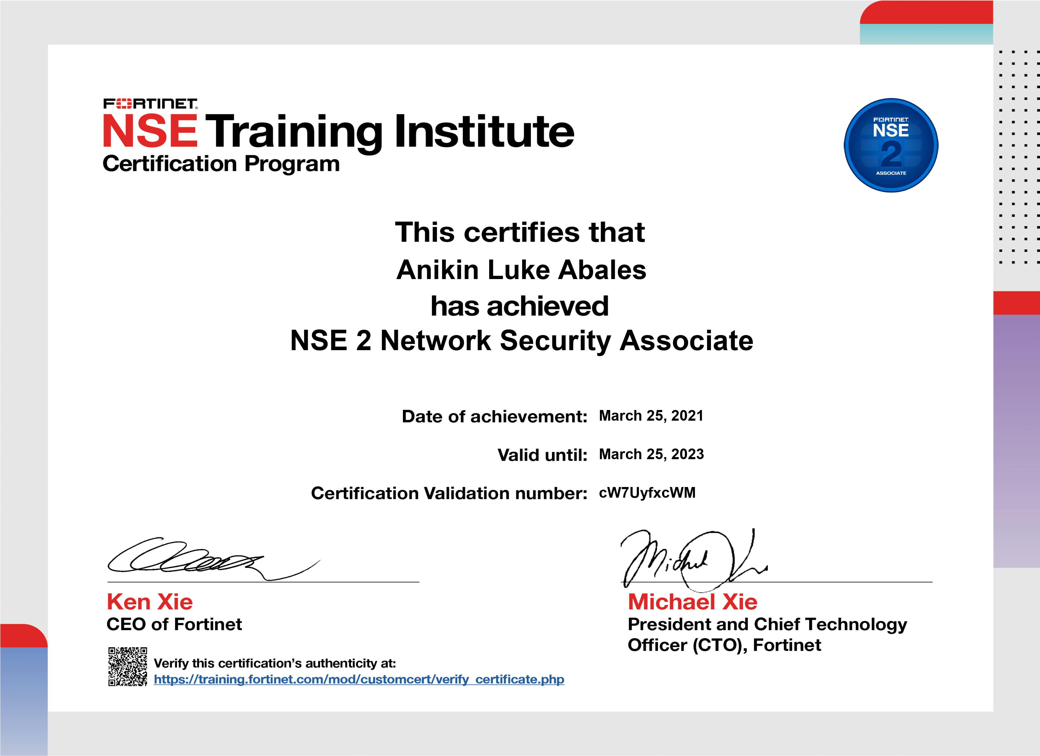 Anikin Luke Abales NSE 2 Network Security Associate certificate