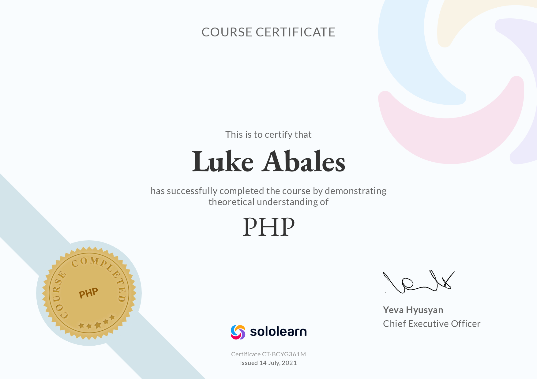 Anikin Luke Abales Sololearn PHP Certificate