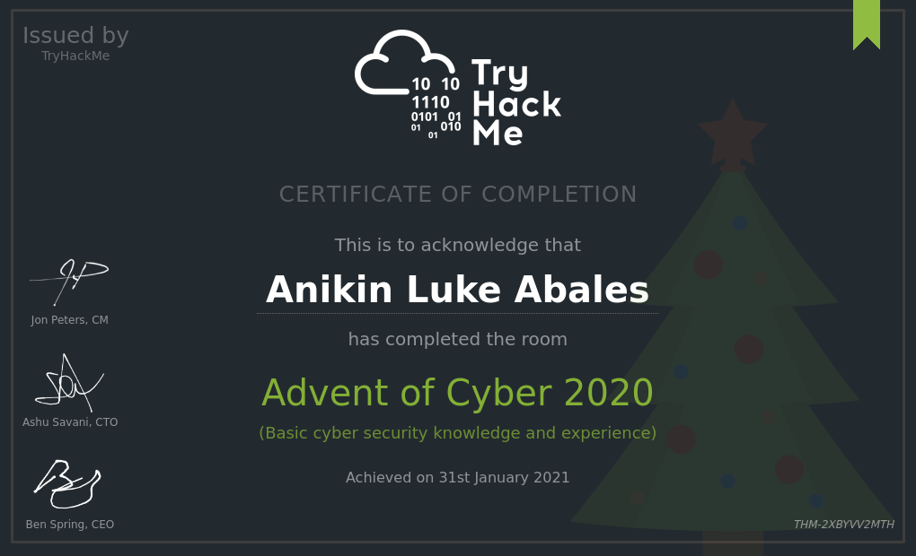 Anikin Luke Abales TryHackMe advent of cyber 2020 certificate