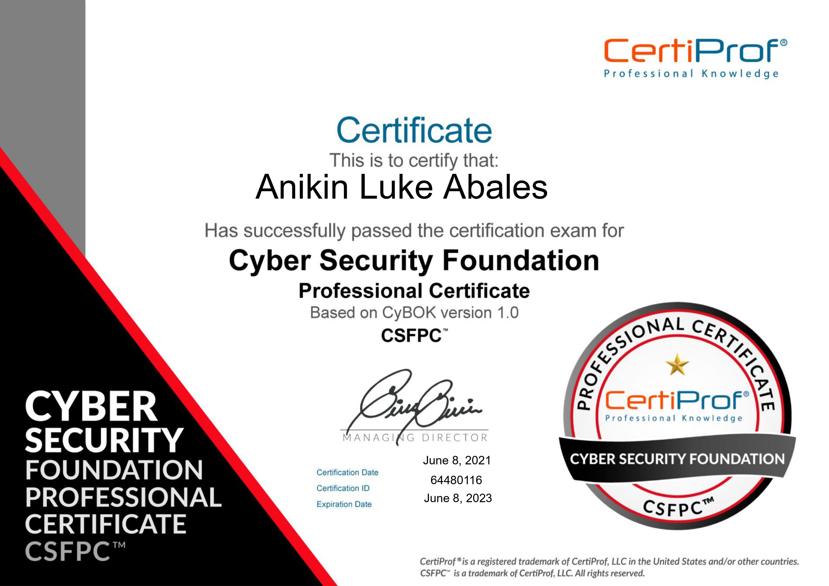 Anikin Luke Abales CSFPC certificate