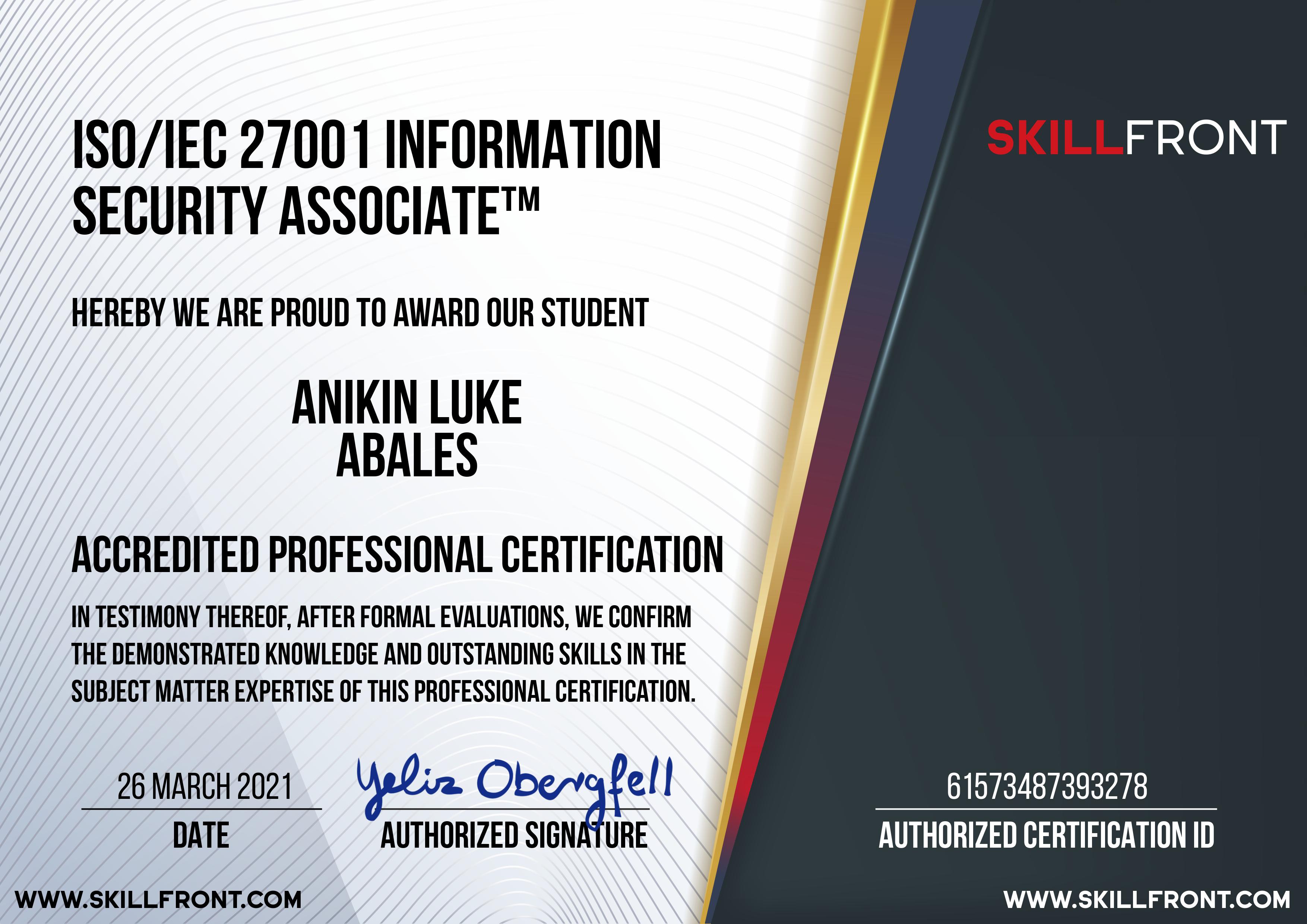 Anikin Luke Abales ISO/IEC 27001 information security associate Accredited Professional Certification
