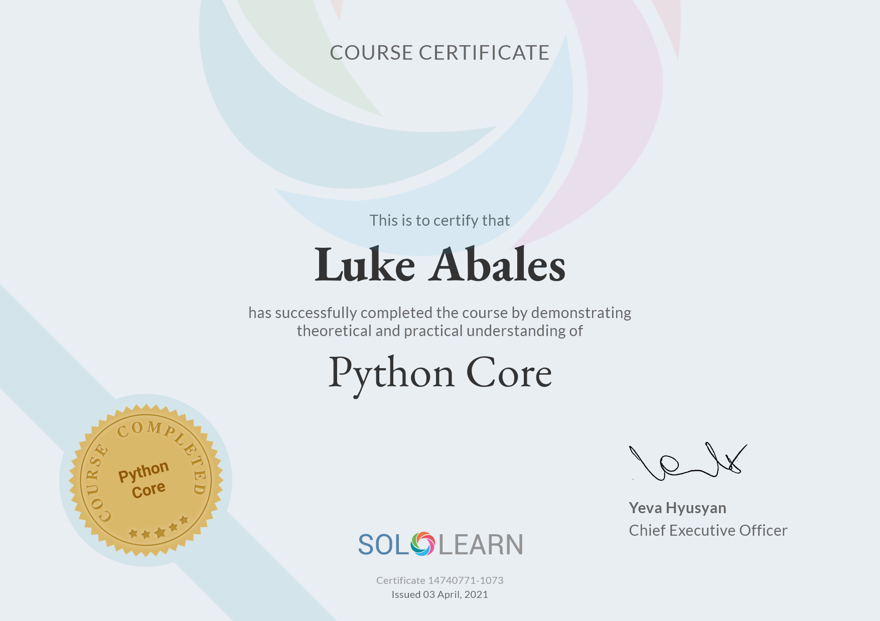 Anikin Luke Abales Sololearn Python3 Core Certificate