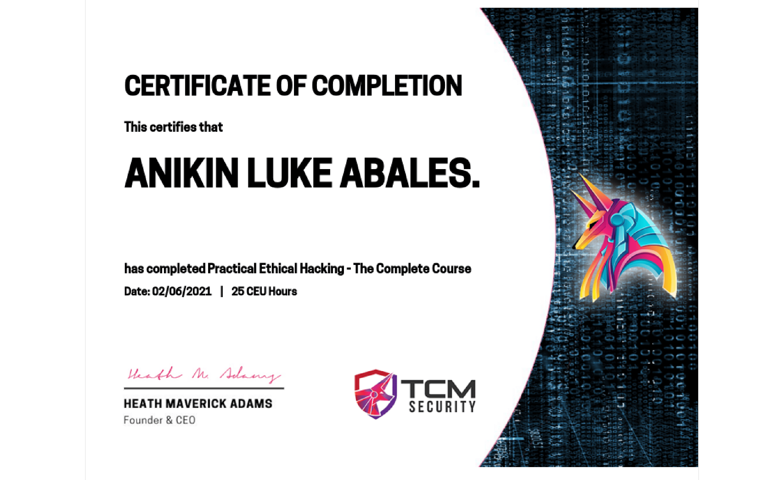 Anikin Luke Abales TCM Security Practical Ethical Hacking certificate